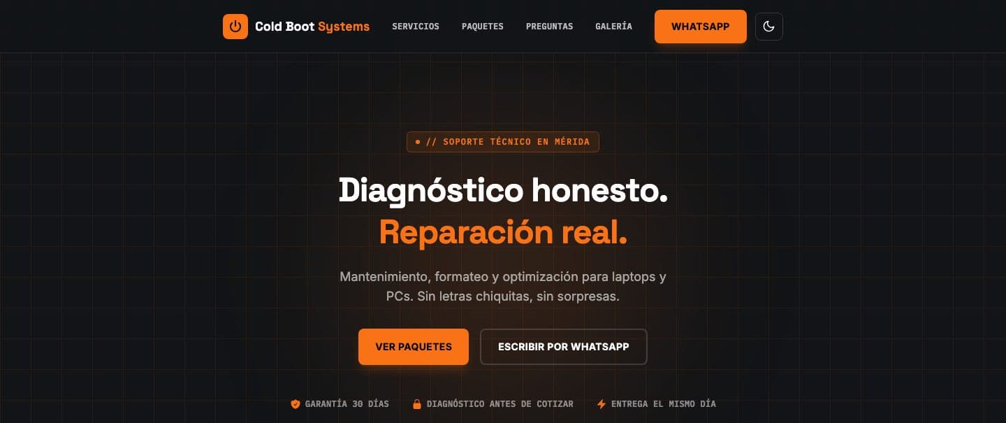 Sitio web de Cold Boot Systems, soporte técnico de computadoras diseñado por Velyren